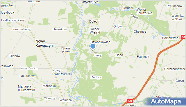 mapa Psary, Psary gmina Nowy Kawęczyn na mapie Targeo